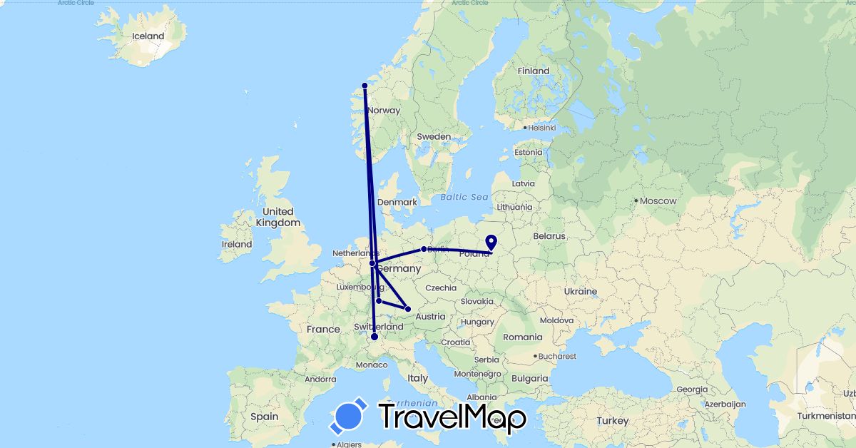 TravelMap itinerary: driving in Switzerland, Germany, Norway, Poland (Europe)